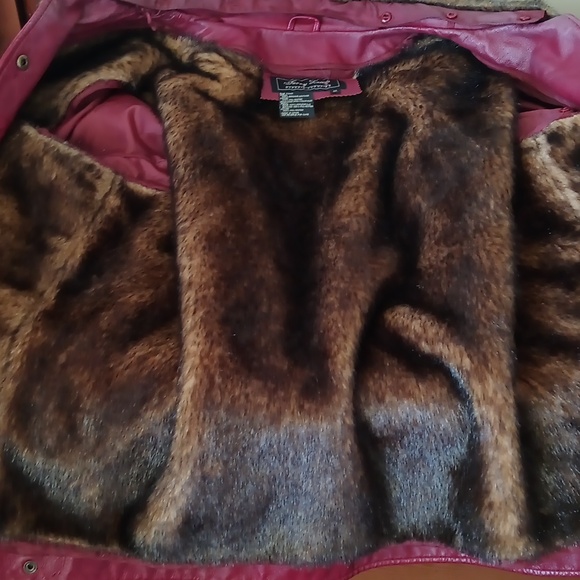 Terry Lewis Large Genuine Leather Jacket Red Snap Up Trucker Faux Fur Lining 1X - Picture 11 of 16